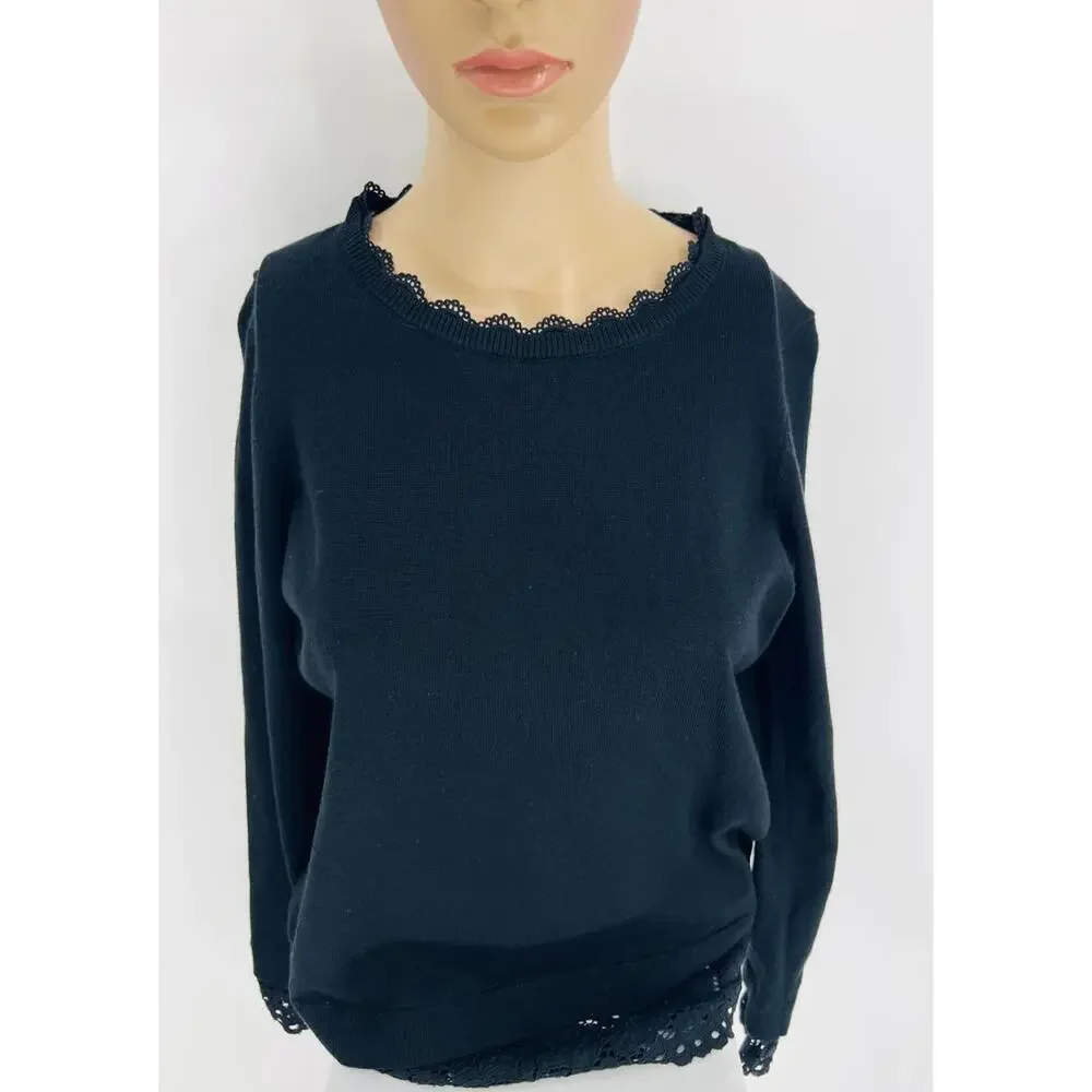 Black Lace Trim Sweater Size‎ Small Lightweight Knit Adrianna Papell